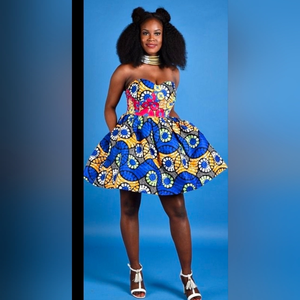 Strapless Blue & Yellow African Print Mini Dress